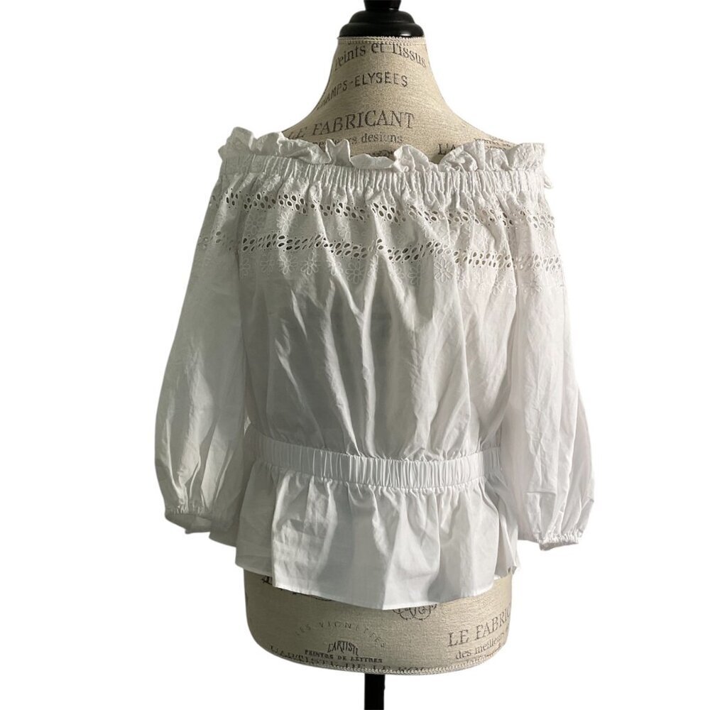 Ryegrass Womens Top Off the Shoulder Peasant Eyelet Embroidery White‎ Size L NWT
